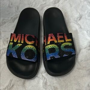 Michael Kors Multicolor rhinestone  Logo Slide Sandals